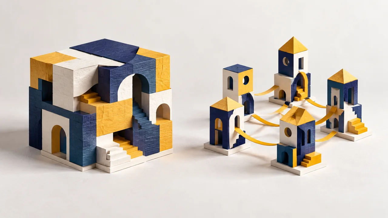Enterprise Laravel 11 Architecture: Modular Monolith vs Distributed Microservices, paper craft illustration