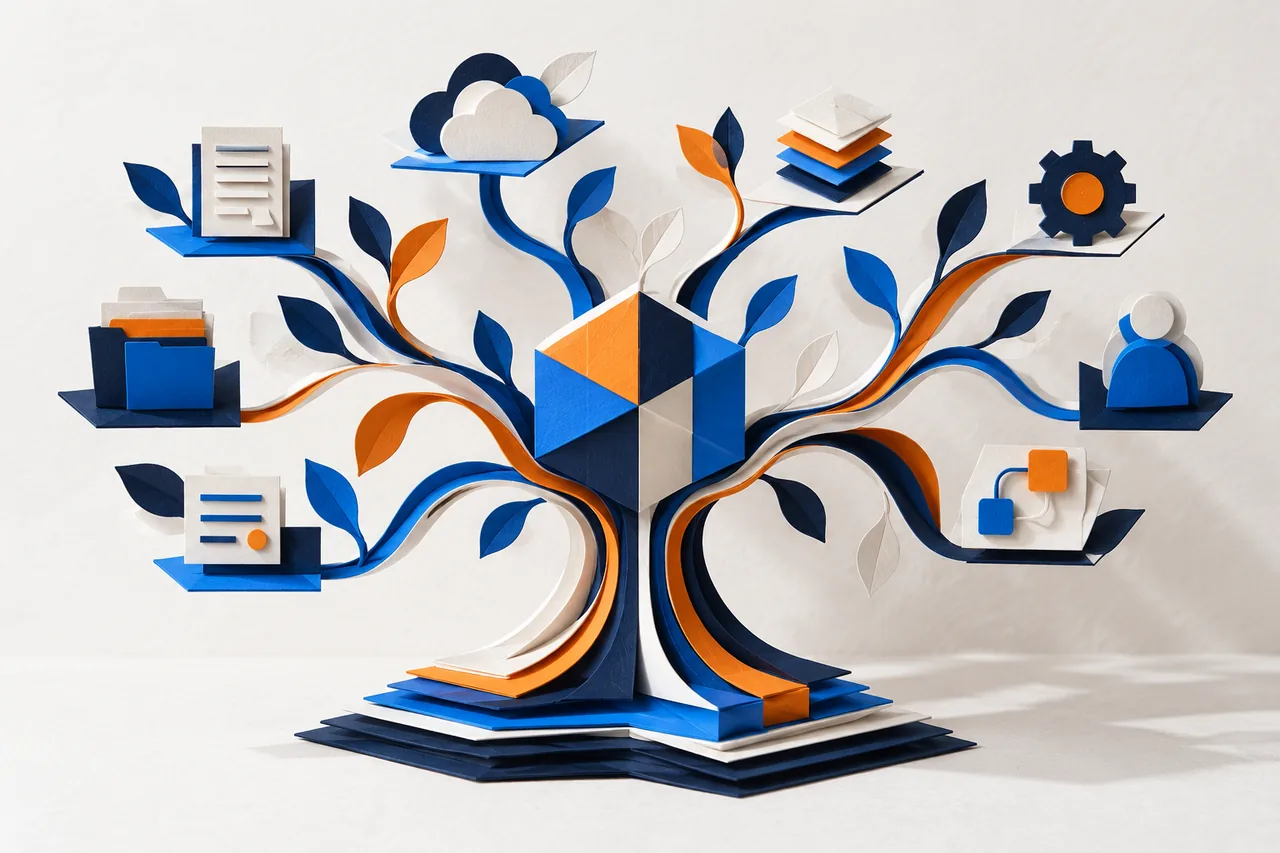 Layered paper illustration of connected AI workflows