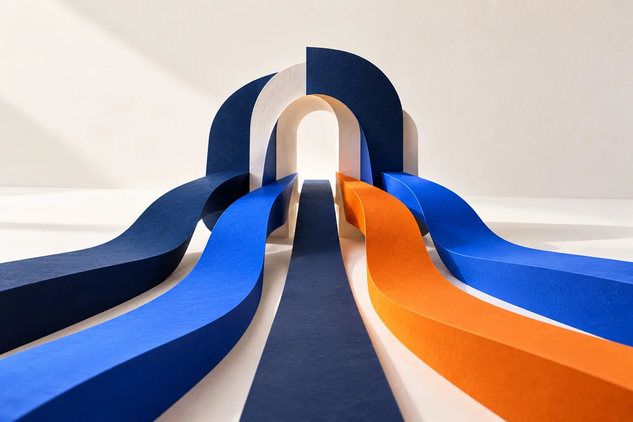 Five layered paper pathways representing the integrated SBS service engines